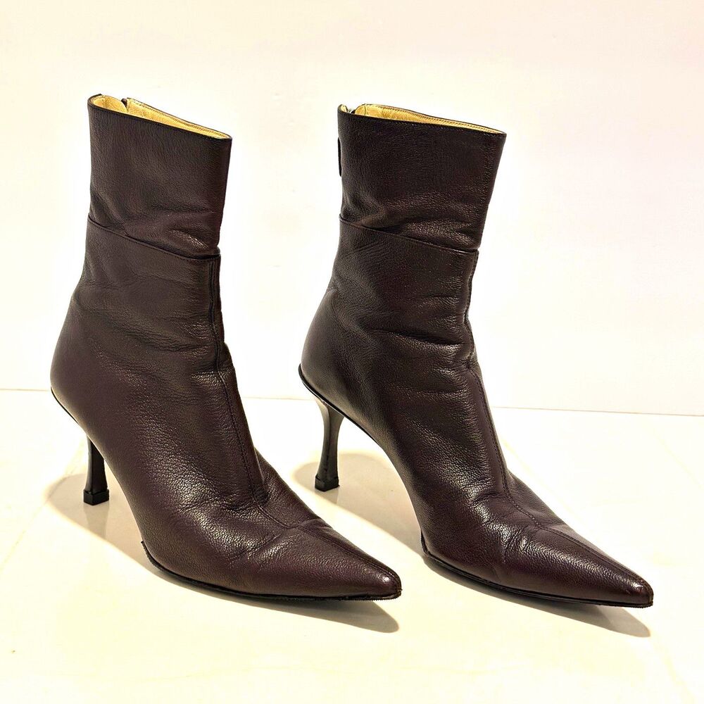 Gucci Brown Leather Pointed Toe Ankle Boots Zip Stiletto Womens 6B 115159